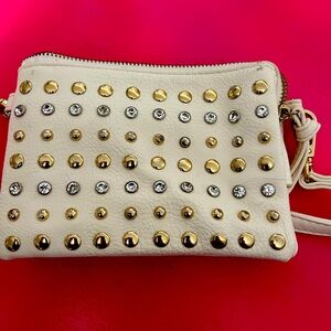 White with silver and gold studded purse with built in wallet